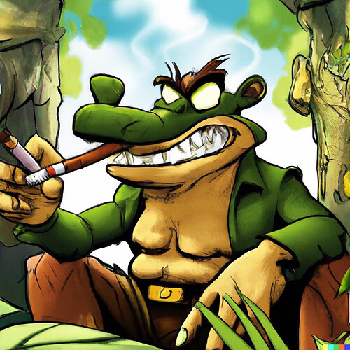 DALL·E 2022-07-19 22.09.38 -  k rool smoking a cigarette in djungle