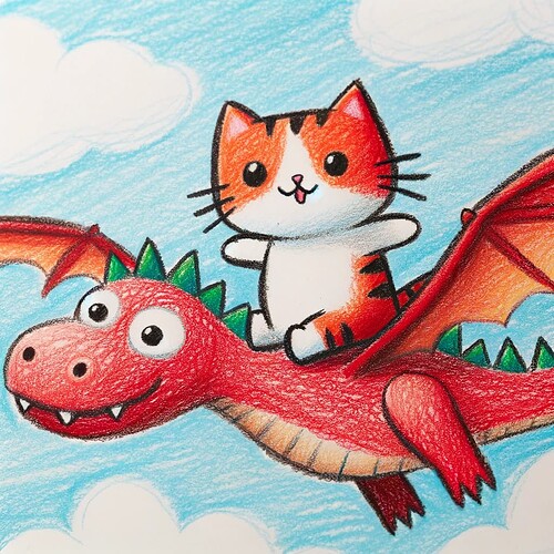 DALL·E 2024-01-31 20.52.31 - A drawing resembling a child's artwork, created with colored pencils. The scene depicts a cat riding on a red dragon. The cat should look happy and th