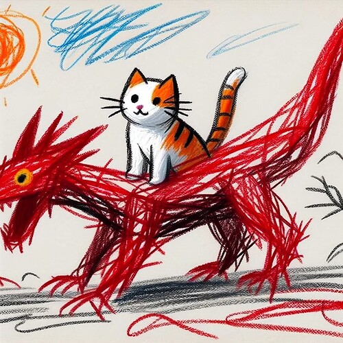 DALL·E 2024-01-31 20.56.28 - A drawing that looks as if a 3-year-old child created it, using colored pencils. The artwork should depict a cat riding on a red dragon, but the figur