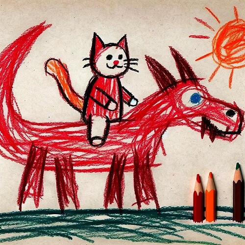 DALL·E 2024-01-31 21.01.05 - A drawing that looks like it was made by a very young child, possibly younger than 3 years old, using colored pencils. The scene depicts a cat riding