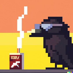 DALL·E 2022-07-19 20.59.04 - cool crow with shades smokes cigarette during sunset - pixel style