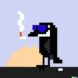 DALL·E 2022-07-19 20.58.38 - cool crow with shades smokes cigarette during sunset - pixel style