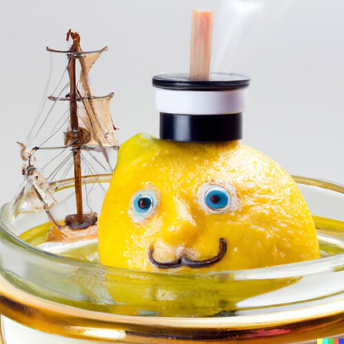 DALL·E 2022-09-14 13.09.24 - A lemon wearing a captain's head, at helm of steamboat in a jar of mustard