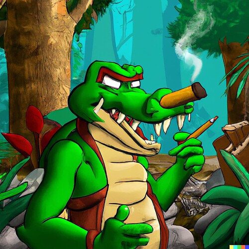 DALL·E 2022-07-19 22.09.48 -  k rool smoking a cigarette in djungle