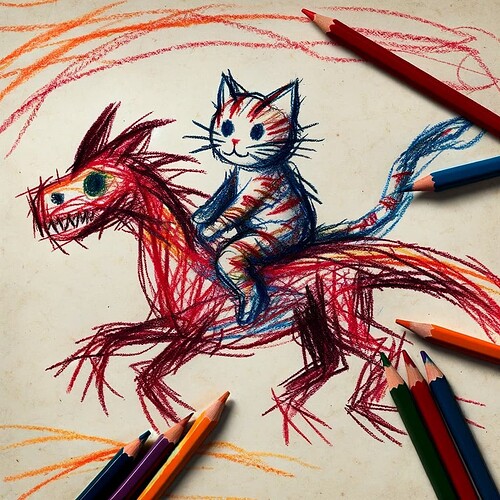 DALL·E 2024-01-31 20.55.32 - A drawing that mimics the style of a very young child, using colored pencils. The image should show a cat riding on a red dragon, but the drawing shou