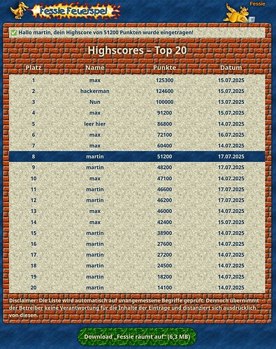 Screenshot der von Max Riemann nachgebauten Fessie-räumt-auf-Highscore mit wunderschönem Design aus Elementen aus dem Spiel